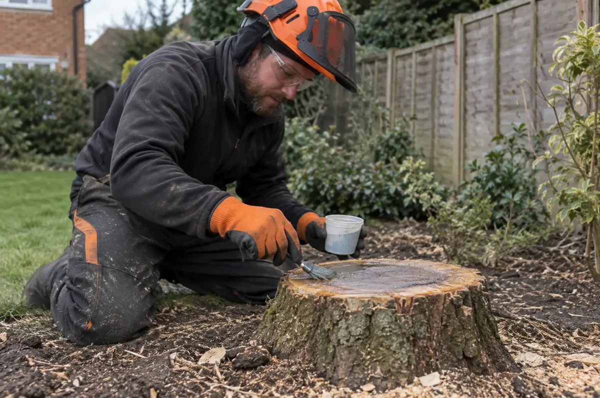 Protected tree worker brushing controlled treatment onto a freshly cut stump surface from a small plain pot.