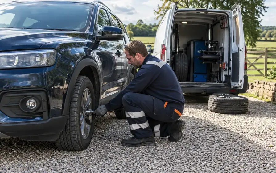 Technician beside a blue 4x4 with a fitting van on rural hardstanding