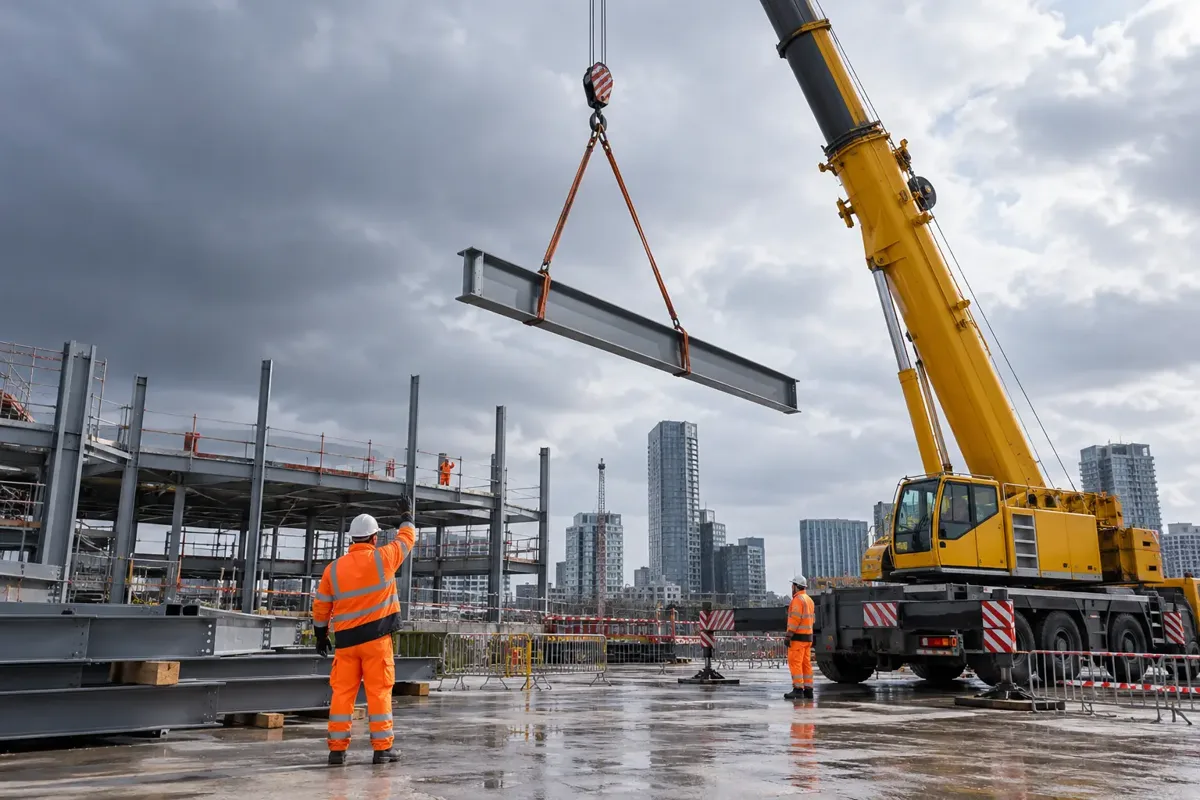Mobile crane lifting steelwork on a UK construction site