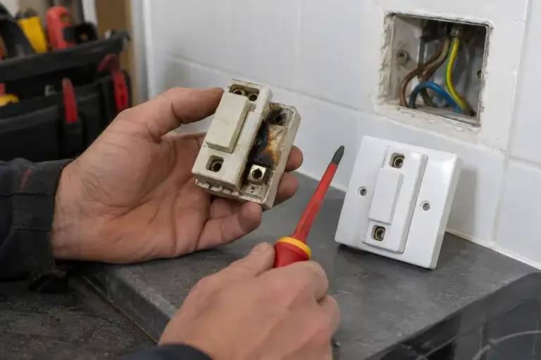Close view of an electrician examining a detached scorched electrical switch.