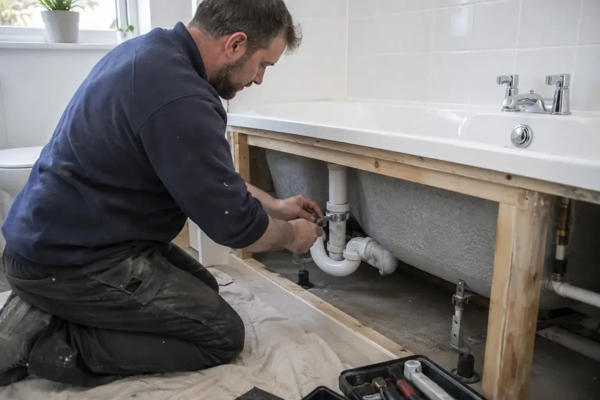 Bathroom installer kneeling beside a new white bathtub with side panel removed, carefully connecting the waste trap beneath the bath using a small hand tool. Support legs, plumbing, bath rim and taps clearly visible, floor protected.