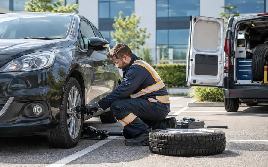 Technician beside a dark car in an office car park