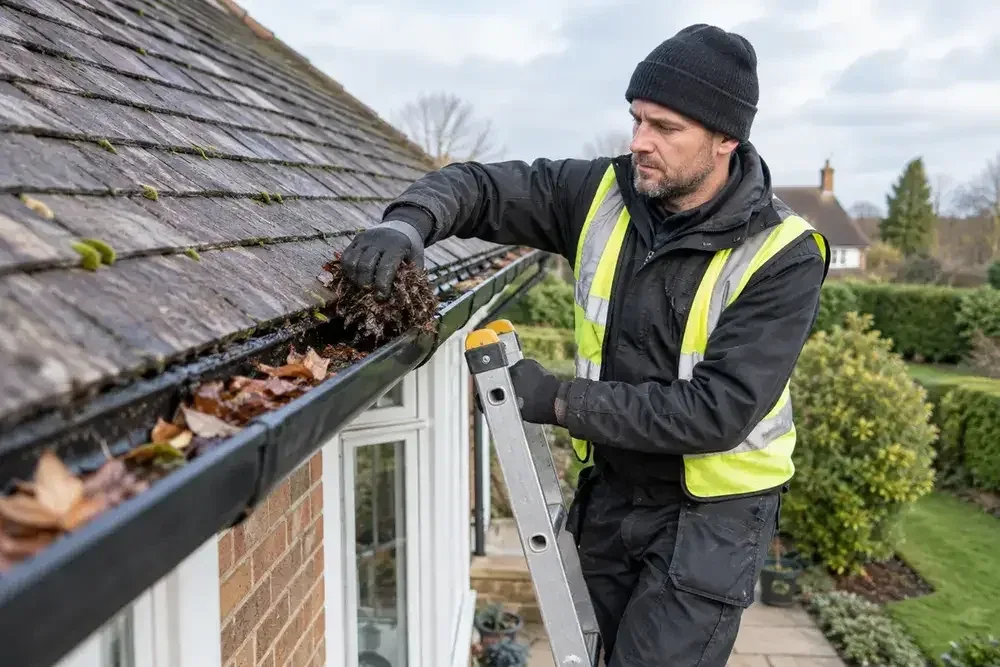 Worker removing leaves by hand from roof gutter