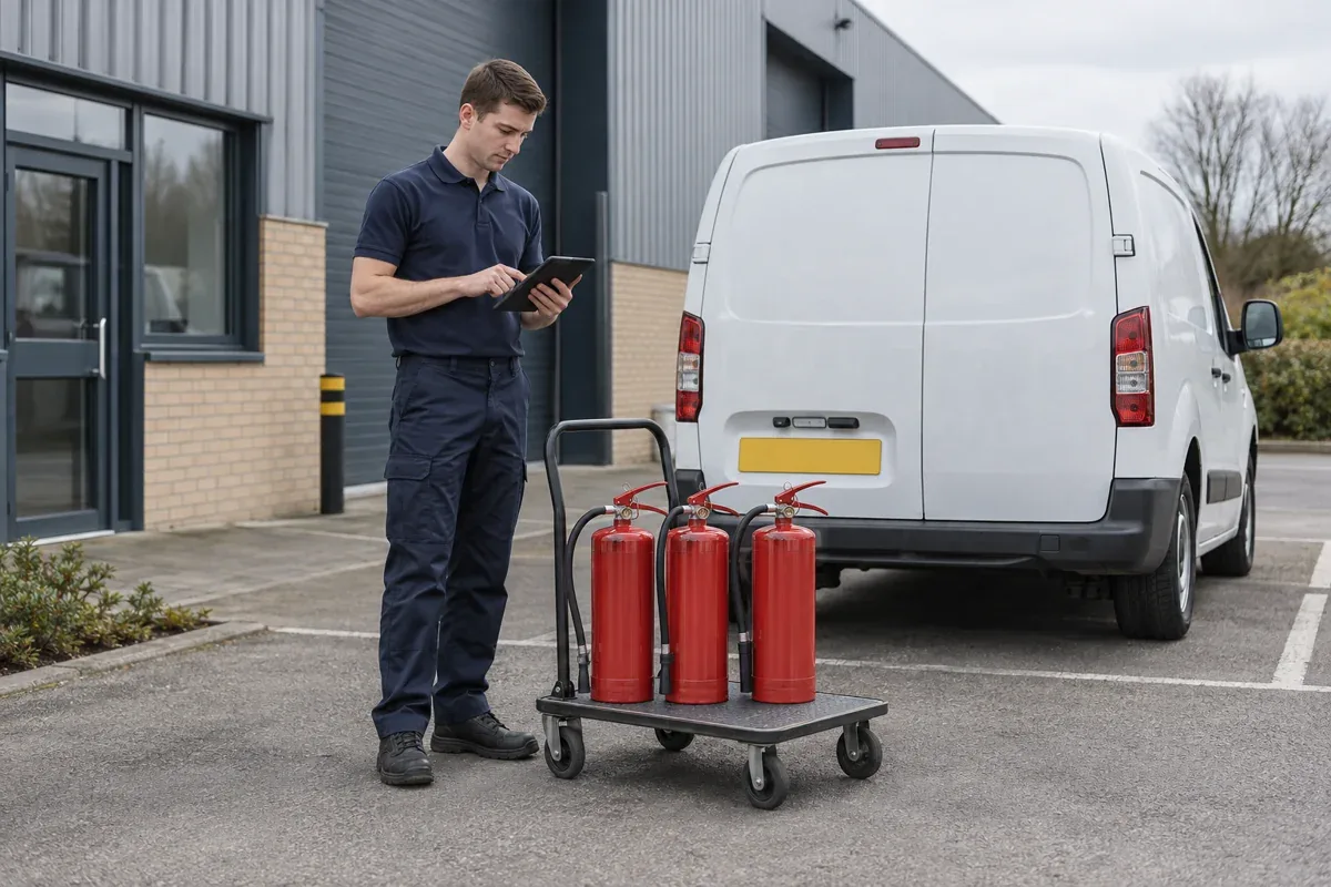 AI-generated illustration: Technician using a tablet beside a trolley of extinguishers and a service van outside business units.