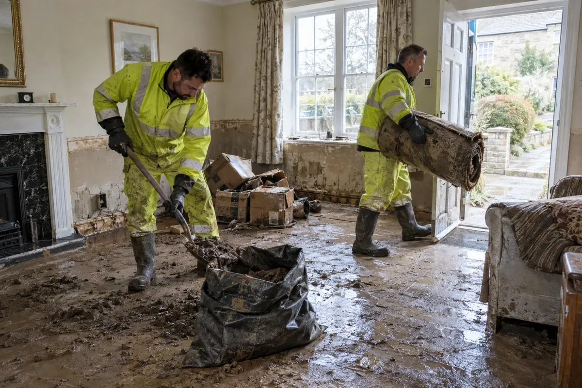 Restoration workers clearing silt and damaged contents from a flooded room