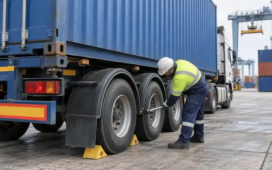 Mechanic servicing a container trailer tyre beneath a blue shipping container.