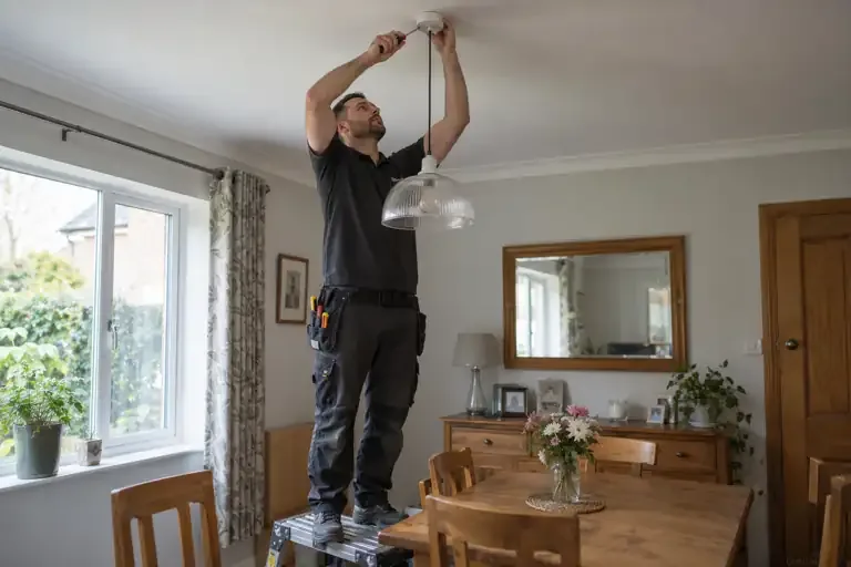 Light fitting installation: a professional electrician assessing or carrying out the electrical work.