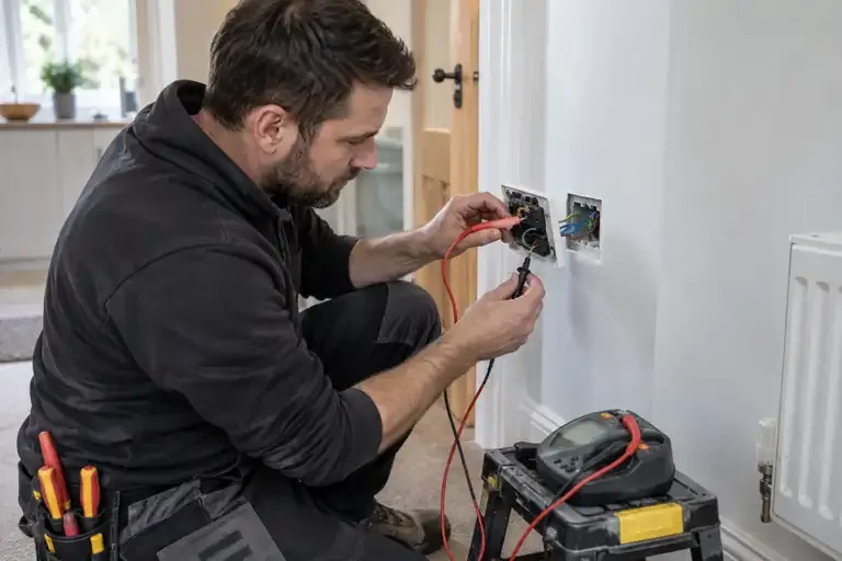 Electrician testing the rear terminals of a supported UK socket with an installation tester.