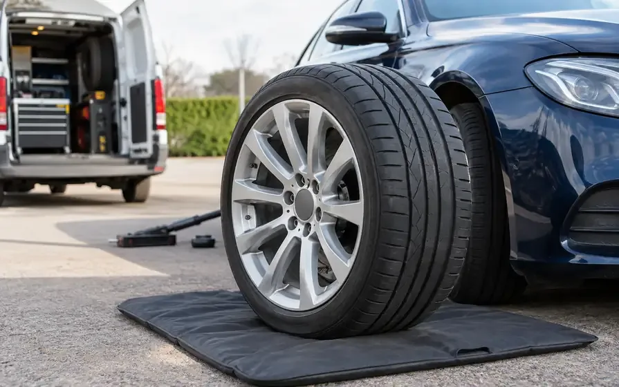 New tyre and alloy wheel beside a blue saloon and mobile fitting van