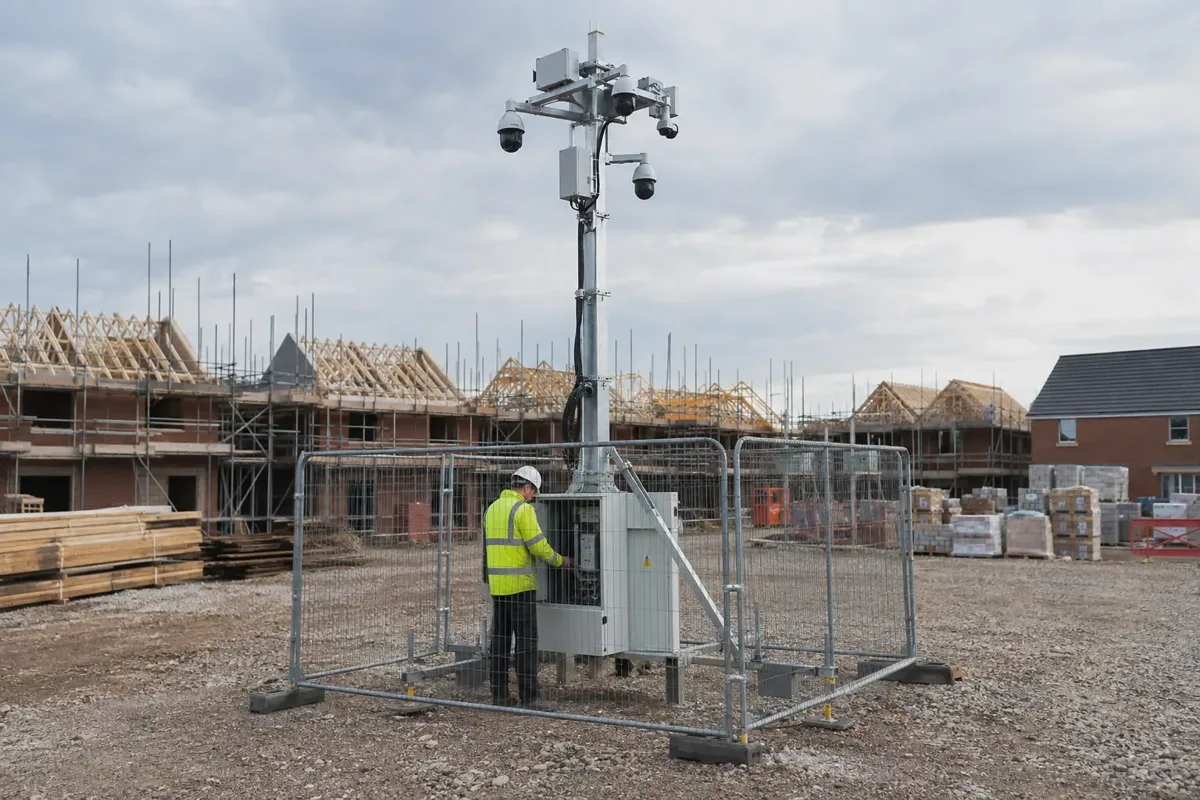 A temporary mobile CCTV tower with several obvious security cameras and compact power cabinet inside a fenced UK construction site. A technician checks its control cabinet from ground level. Unfinished house frames behind, no logos.