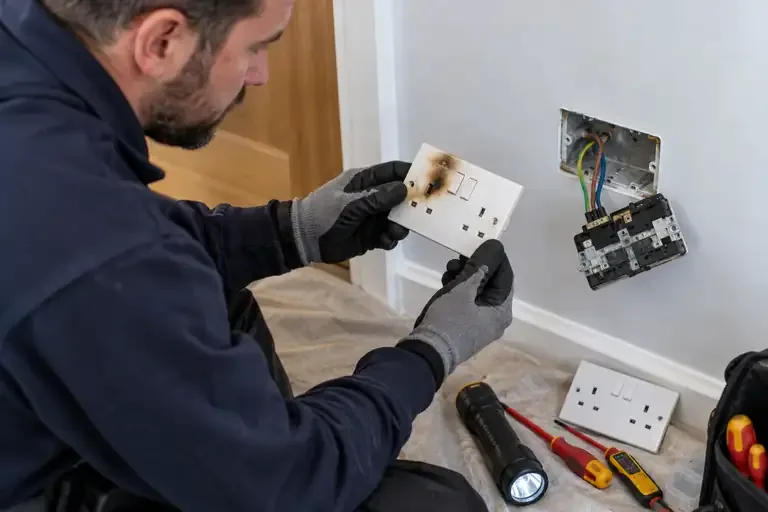 Electrician examining a scorched socket faceplate removed from its backbox.