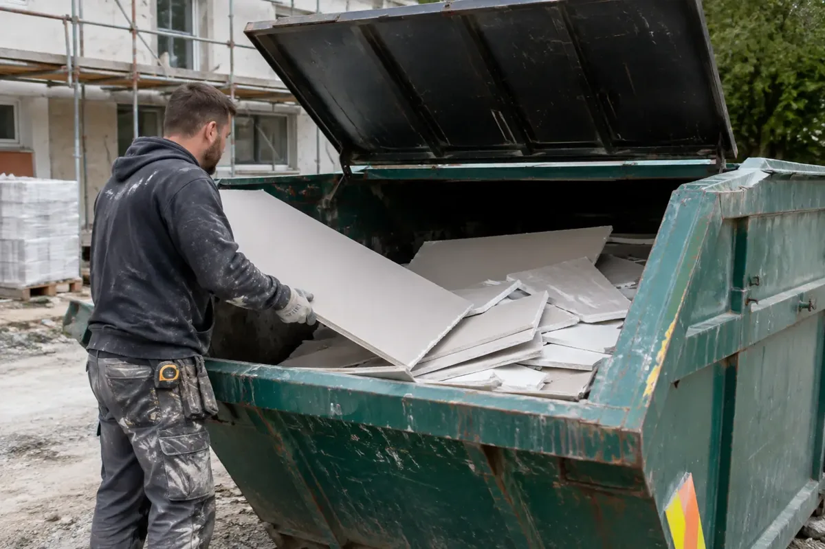 Worker placing white plasterboard offcuts into a covered skip containing segregated plasterboard.