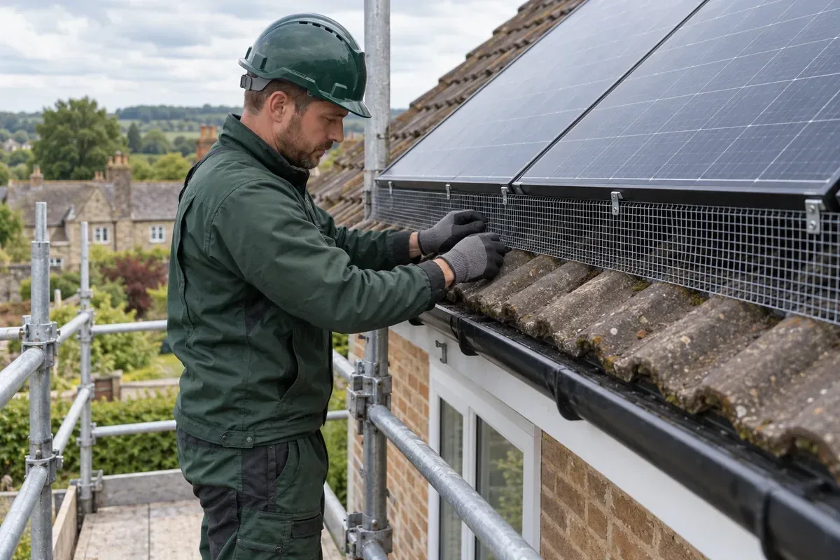 Installer clipping mesh guards around rooftop solar panels