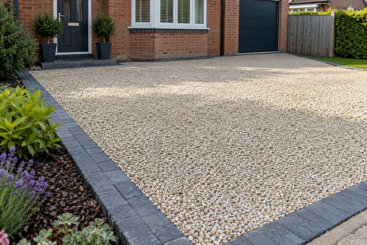 Finished pale gravel driveway with crisp charcoal block edging outside a British brick home, close wide view emphasizing contained gravel surface, neat paving boundary and a small planting bed, realistic professionally completed workmanship.