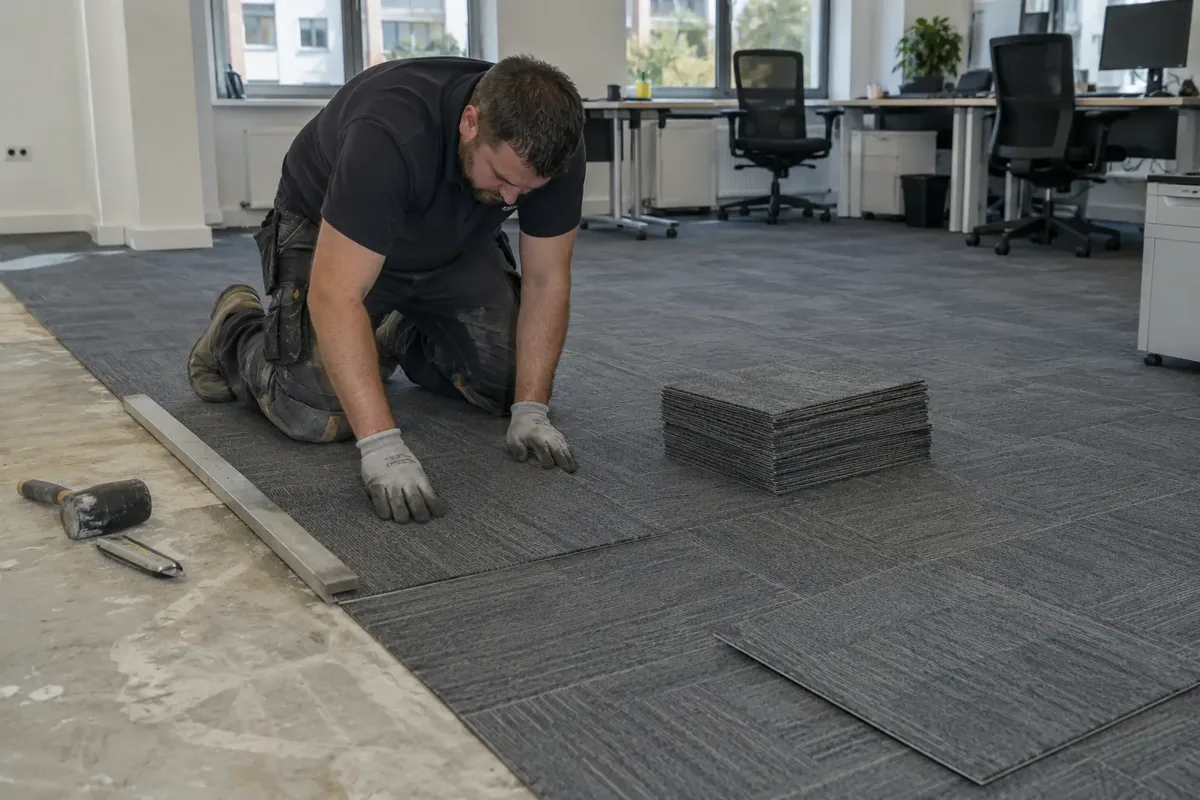 Flooring professional fitting square modular carpet tiles in a modern commercial office, visible regular tile grid with unfinished row and stack of spare square tiles, gloved hands align one tile beside straight edge, desks moved aside.