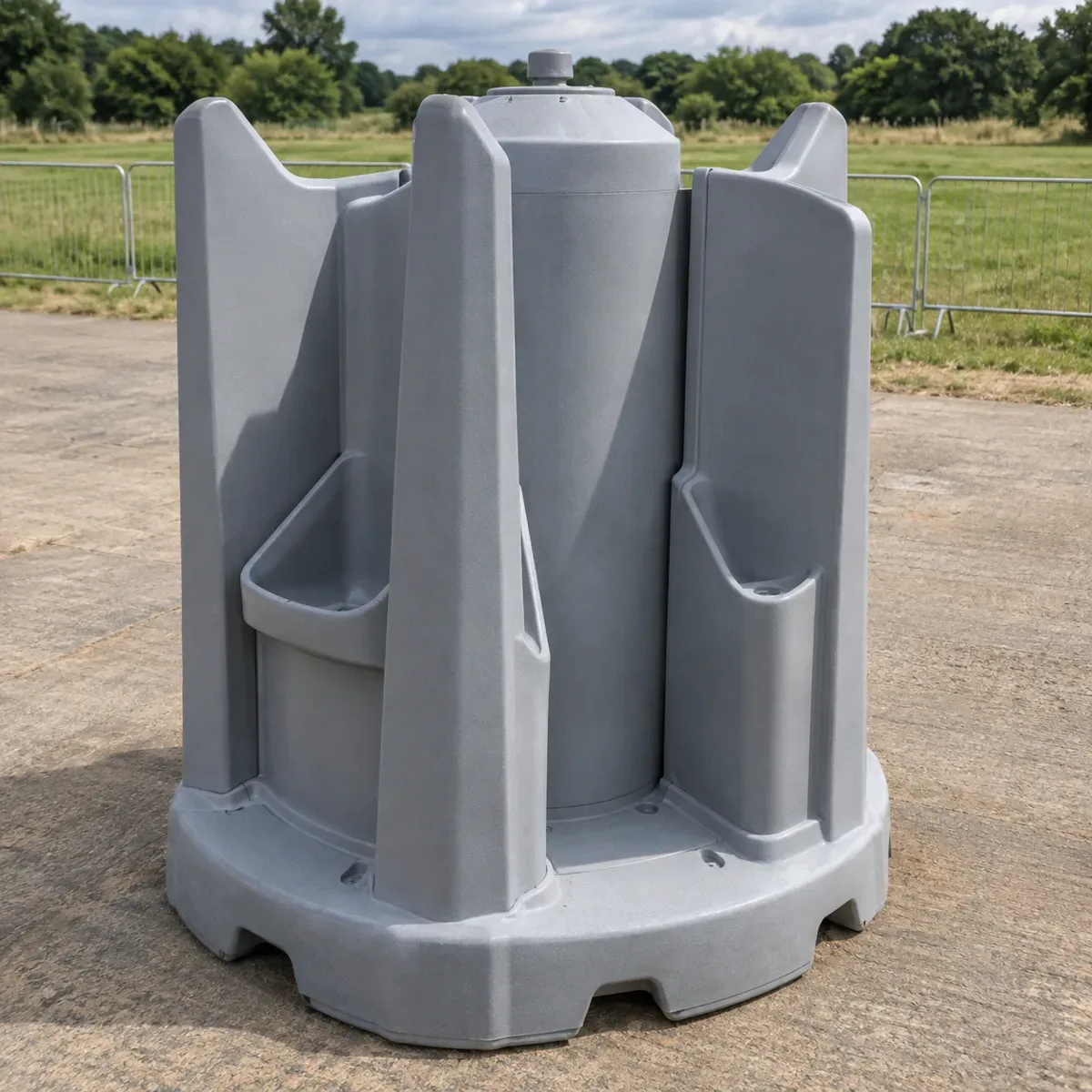 Illustration of a self-contained portable urinal with privacy baffles