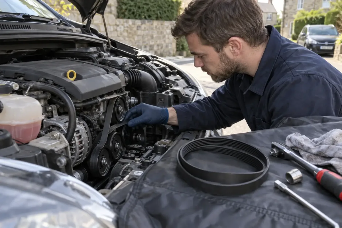 Mechanic inspecting an auxiliary drive belt with the engine off