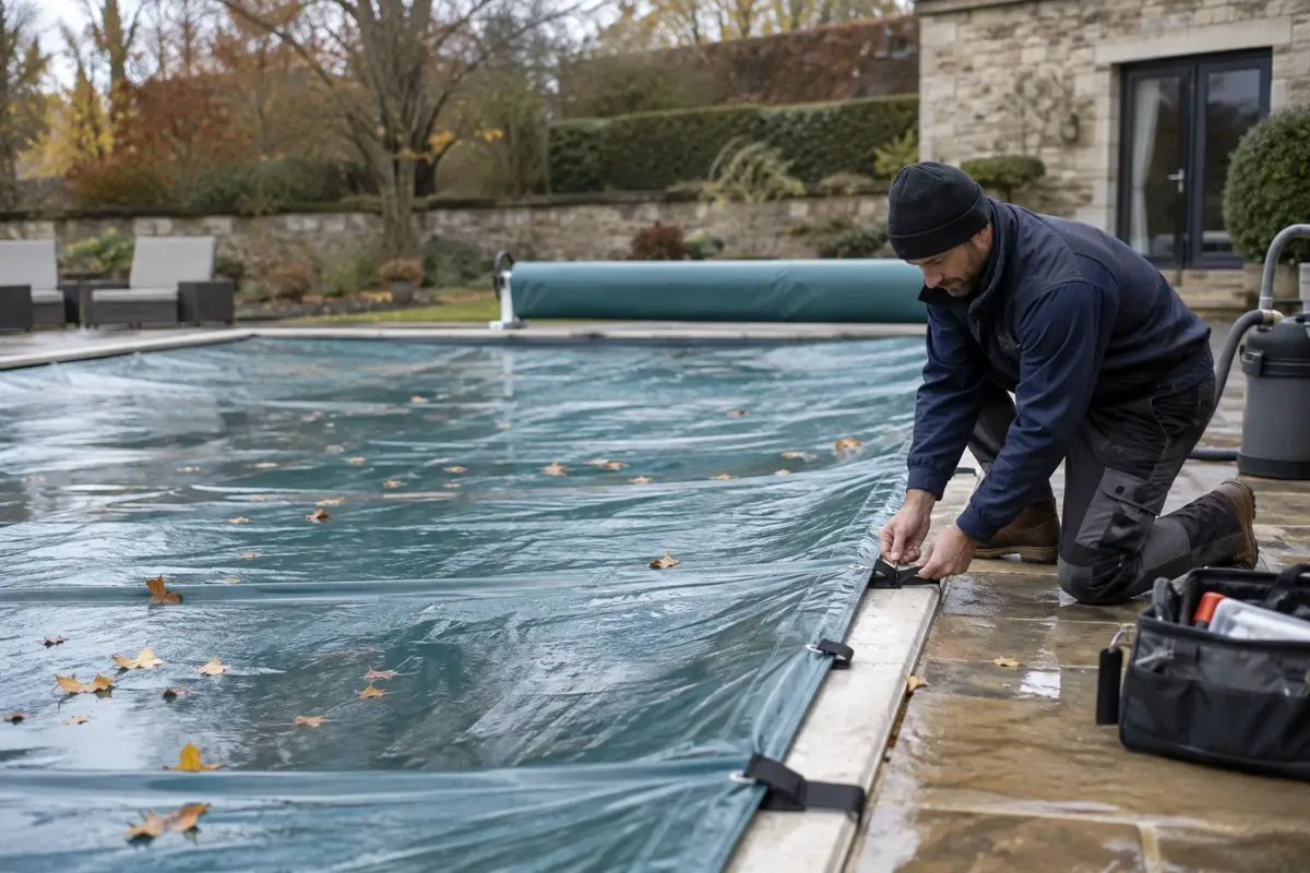 Pool technician winterizing a covered pool